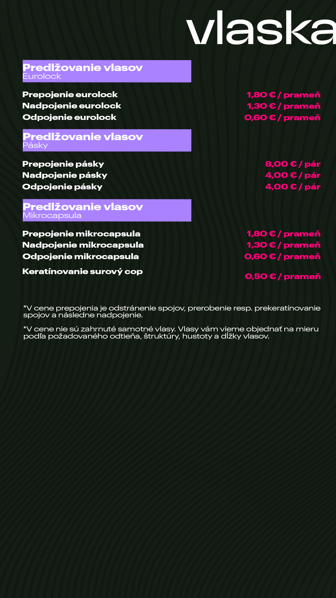 Price list — hair extensions