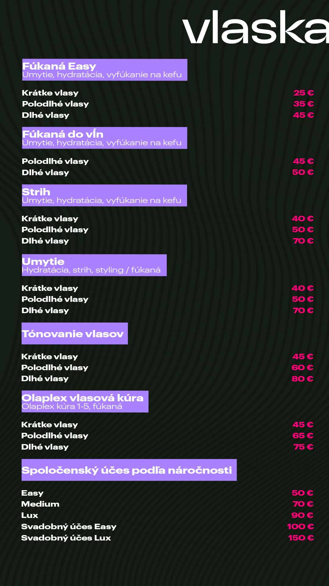 Price list — blow-dry, cut, toning, Olaplex